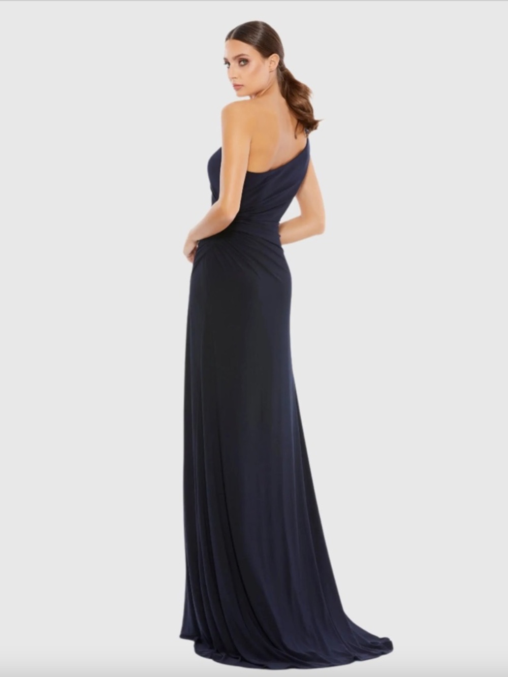 Ieena for Mac Duggal Navy One Shoulder Ruched Jersey Evening Gown, Size 4, NWT - Picture 9 of 10
